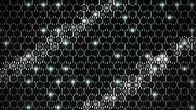 Abstract hexagonal grid background with dynamic glowing lights and sparkling particles, modern technology concept animation for digital data flow and futuristic design.