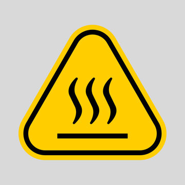 Yellow triangular warning sign with a heat symbol, indicating a hot surface and potential burn hazard requiring caution.