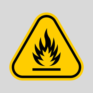 Yellow triangular warning sign with a black flame symbol, indicating fire, heat, flammable materials, and potential danger.