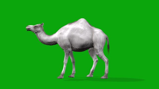 4k Albino camel idle stand loop side view animation on isolated Green Screen Animal, 3D realistic white kohi camel attention standing rendering on the chroma key