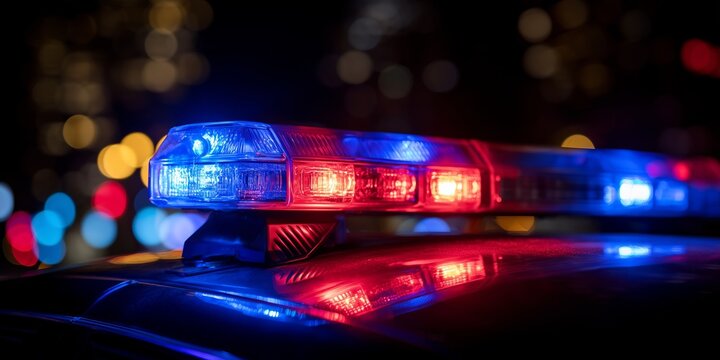 Blue and red emergency lights flash above a police car against the nighttime city. Law enforcement response, public safety and urgent urban activity.