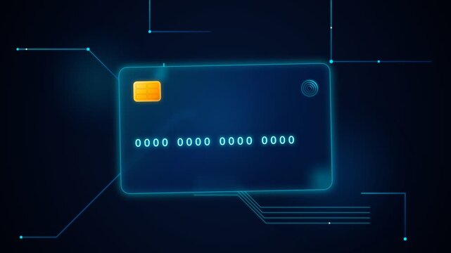 A glowing holographic debit card hovers amidst intricate digital network connections representing the future of secure electronic monetary transactions within a vast decentralized global banking