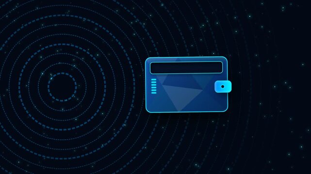 A glowing blue digital wallet symbol appears within a network of concentric circular data lines representing secure electronic finance transactions and modern cryptocurrency exchange technology