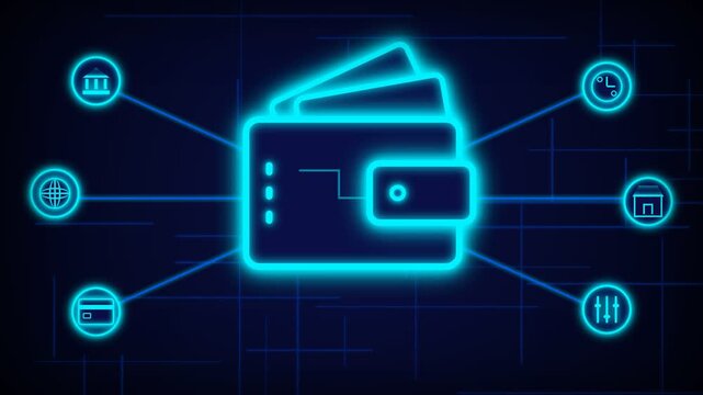 A glowing cyan neon sign displays a digital wallet connected to multiple network nodes illustrating how financial technology manages various online transactions within a secure virtual banking