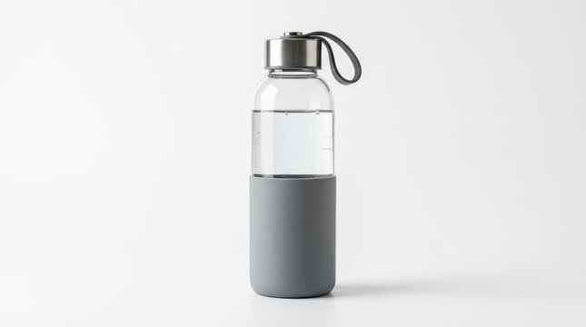 Minimalist glass water bottle with grey silicone sleeve, reusable eco-friendly drinkware on white background, modern glass carafe for fitness