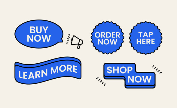 Modern Call to Action Button Collection Set. Buy Now, Shop Now, Order Now, Learn More, Tap Here UI Web Elements Vector