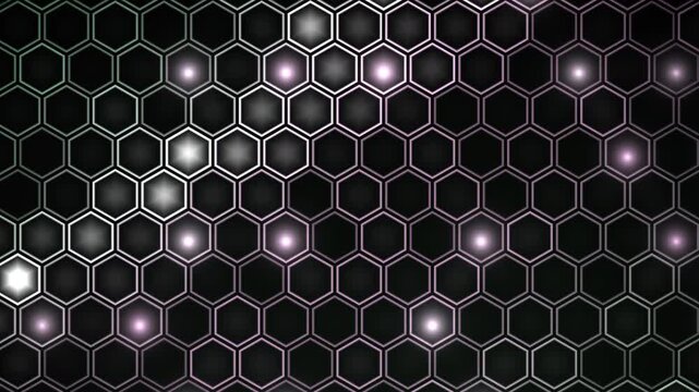 Abstract hexagonal grid pattern background with glowing light effects and dynamic color shift, modern technology concept, digital data flow, science, and futuristic design.