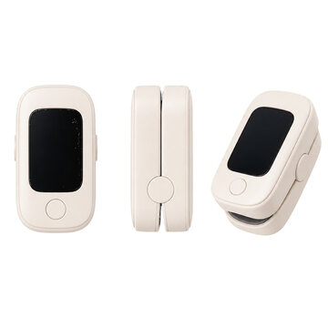 Three views of a modern white digital fingertip pulse oximeter isolated on a black background