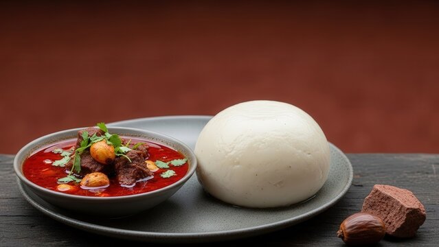 Gourmet smooth cassava fufu with rich palm nut soup and micro cilantro, minimalist presentation with deep red copy space
