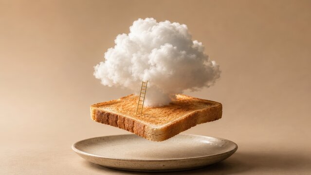 Floating toast slice topped with a miniature cloud and ladder hovering above a ceramic plate against a neutral background.