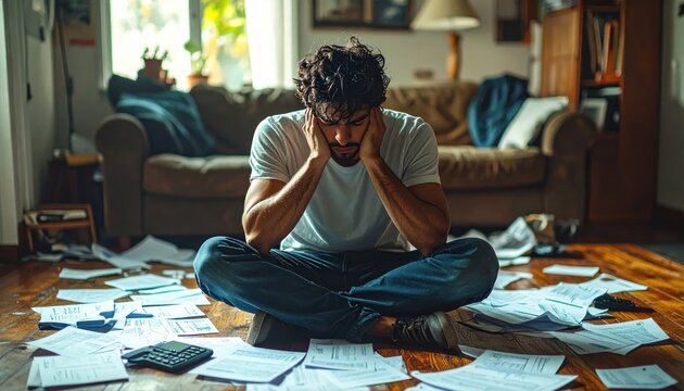Man Overwhelmed by Bills and Finances Sitting on Floor Surrounded by Paperwork