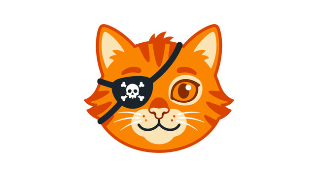 A cute cartoon orange tabby cat wearing a pirate eye patch with a skull and crossbones.