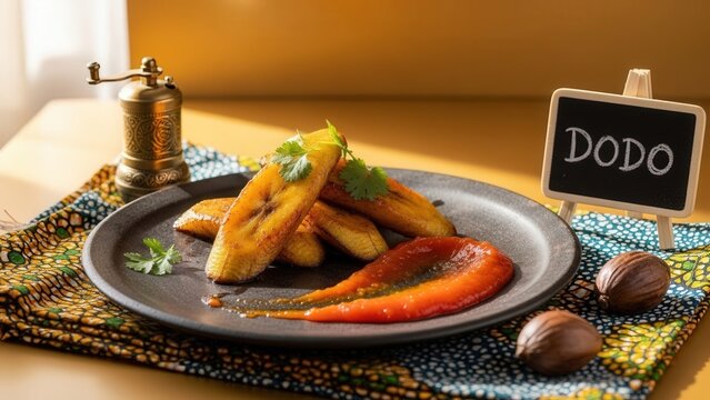 Gourmet caramelized fried plantains dodo with pepper sauce gel and micro cilantro, elegant presentation with warm gold copy space