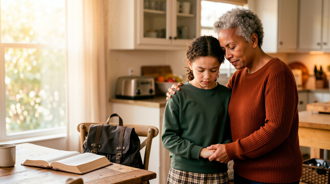 African American grandmother comforting her granddaughter in the kitchen. Senior woman praying with young girl at home. Family support and faith concept