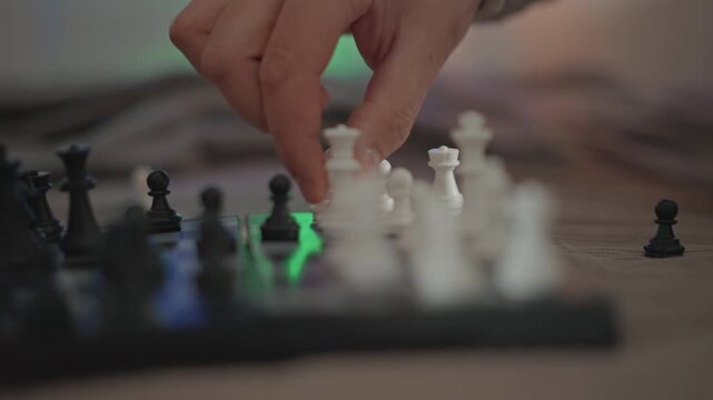 Low-angle view shows hand shifting chess pawn through intense strategic scene, with clustered white pieces, solitary black pawn, glossy reflections, soft blur, and concentrated competition