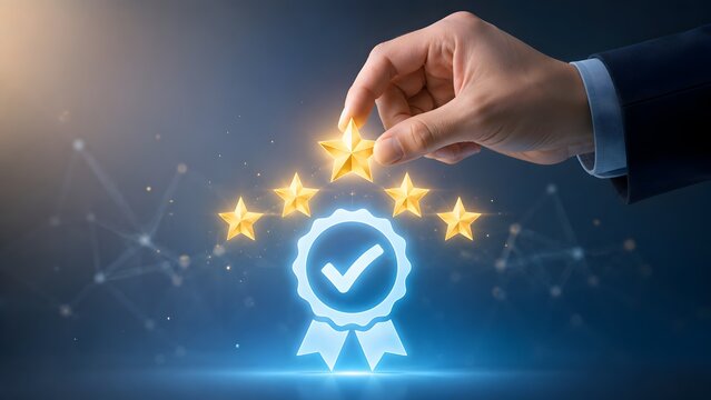 Hand placing fifth gold star on glowing quality certification badge representing customer review excellent service and top rating concept