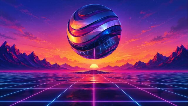 Futuristic metallic sphere floating over a neon grid