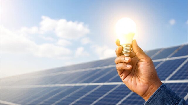 Hand holding a glowing light bulb above solar panels