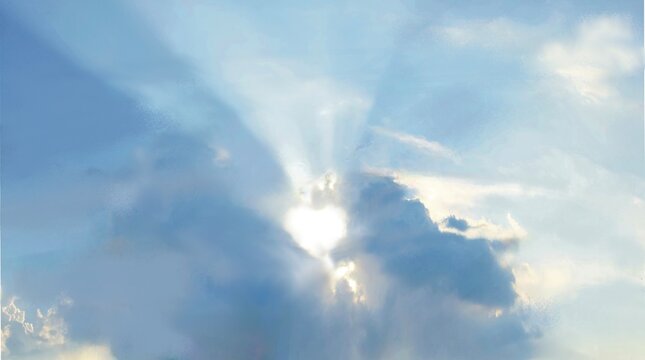 Sunlight and Sunbeams Breaking Through Clouds in Blue Sky
