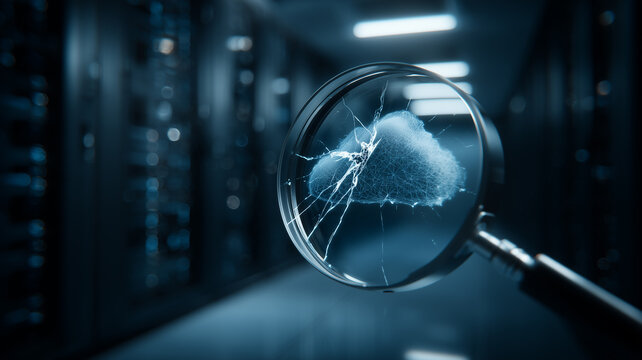 A magnifying glass examining a cracked cloud in a server room representing cloud failure risk infrastructure diagnostics and data recovery
