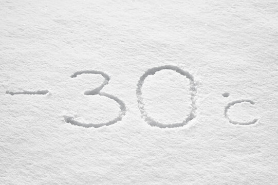 Snowy background, photo showing snow texture and numbers indicating temperature
