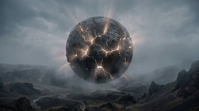 An alien artifact glows ominously in a desolate alien landscape. The sphere is cracked, with molten gold seeping through, and rays of light emanate from within.