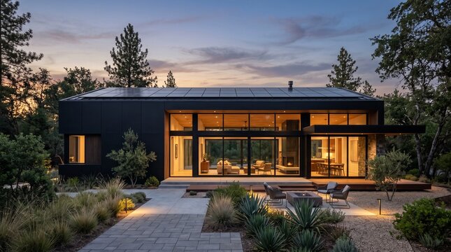Modern black house with solar panels and cozy outdoor fire pit at sunset.
