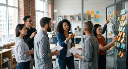 Obraz premium Diverse team brainstorming product ideas in modern office meeting
