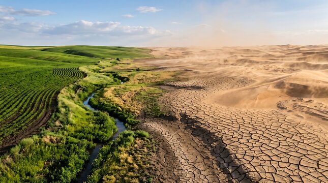 A stark contrast of a vibrant green landscape with a flowing river against a dry, barren desert. This image powerfully illustrates the effects of climate change and environmental degradation