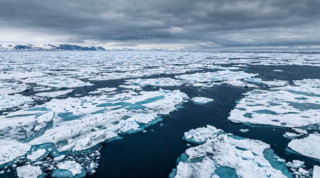 An expansive aerial view of the Arctic Ocean, dotted with countless ice floes drifting in the deep blue water under a dramatic cloudy sky