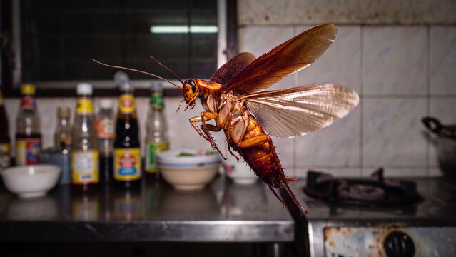 Close-up of a large cockroach flying mid-air in a kitchen