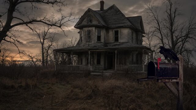 Spooky abandoned old house with Raven