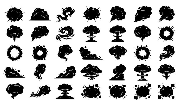 Explosion and Smoke Blast Glyph Icon Set with Mushroom Cloud Bomb Fog Steam and Comic Effect Symbols