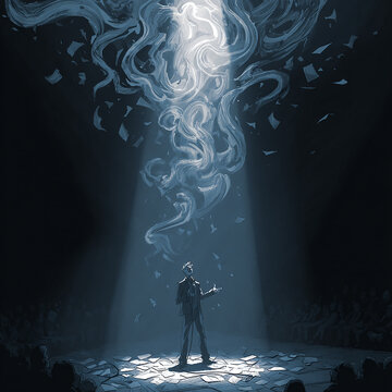 Person Standing Beneath Abstract Data Storm and Light Beam