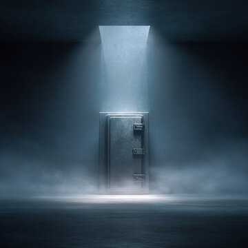 Secure Safe Under Spotlight in Dark Foggy Room