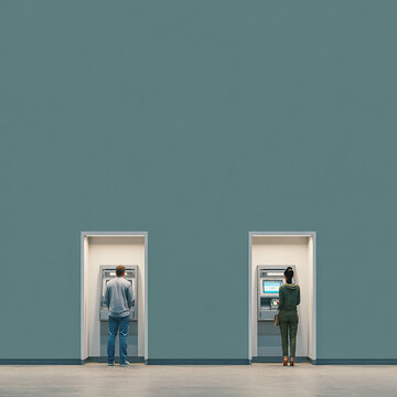 Two People Using ATM Machines in Minimalist Bank Lobby
