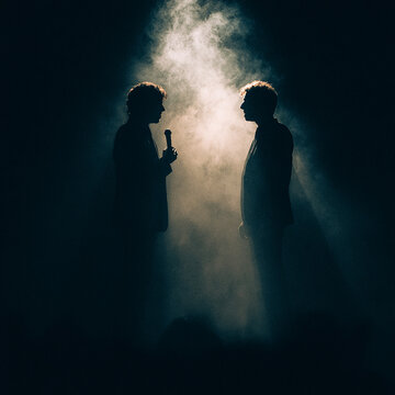 Two Performers on Stage Under Spotlight in Front of Audience