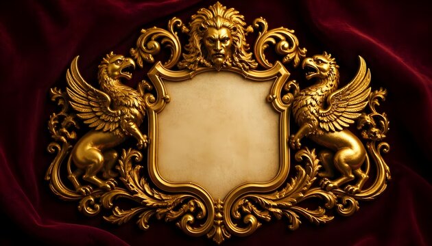 Imperial gold heraldic frame with lion head and mythical griffins on red velvet fabric background