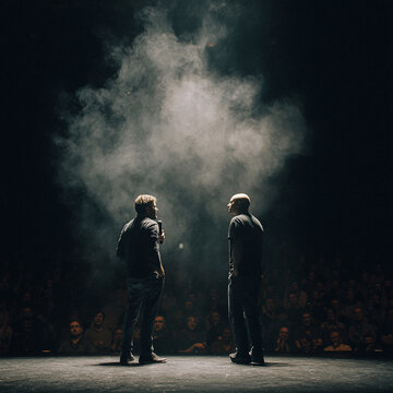 Two Performers on Stage Under Spotlight in Front of Audience
