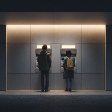 Two Customers Using ATM Machines at Night