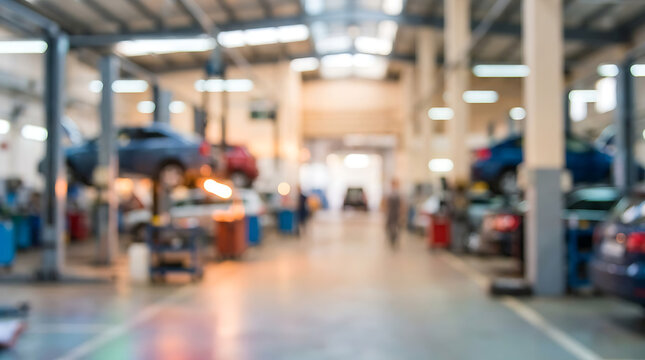 Modern automotive repair workshop with multiple vehicles.