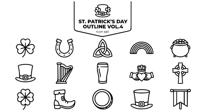 St. Patrick's Day Outline Icon Set Vol 4 with Shamrock Variant, Four-Leaf Clover, Pot of Gold and Claddagh Ring, 15 Icons, Editable Strokes