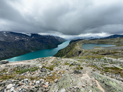 Waterfall between two mountain lakes on Besseggen, Norway