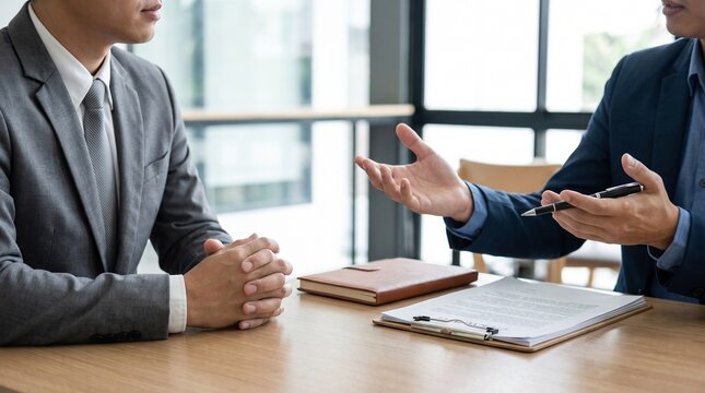 Business professional interviewing a male candidate during job application meeting in office