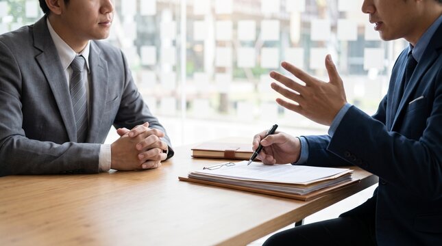 Two business professionals in suits discussing documents at a table, with one gesturing during the conversation