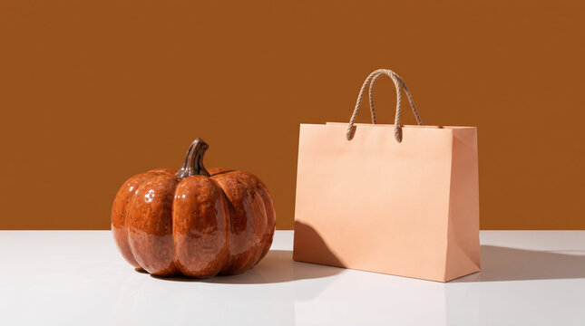 Glossy orange ceramic pumpkin and kraft paper shopping bag on white surface for autumn sale against brown studio backdrop with copy space