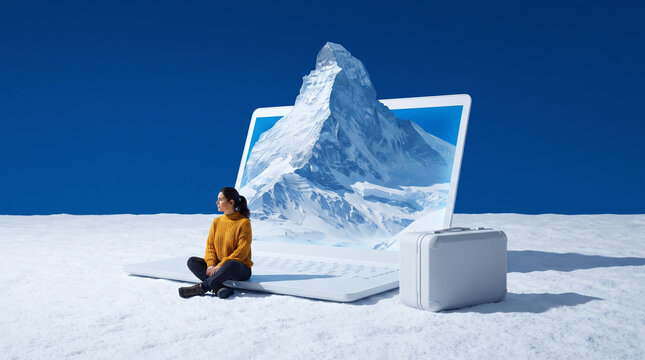 Woman in yellow sweater sitting on giant laptop with snow mountain emerging from screen for booking winter vacation