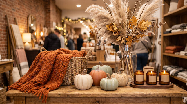 Cozy autumn home decor display with knit throw blanket, ceramic pumpkins, pampas grass, and scented candles in rustic boutique interior