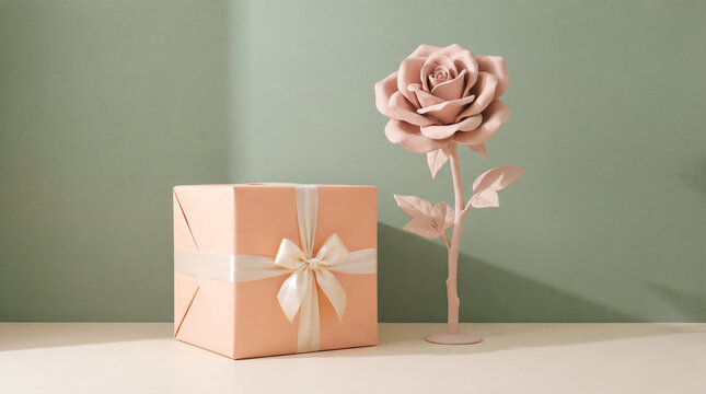Minimalist pastel pink gift box with satin ribbon bow and standing rose sculpture against muted sage green backdrop