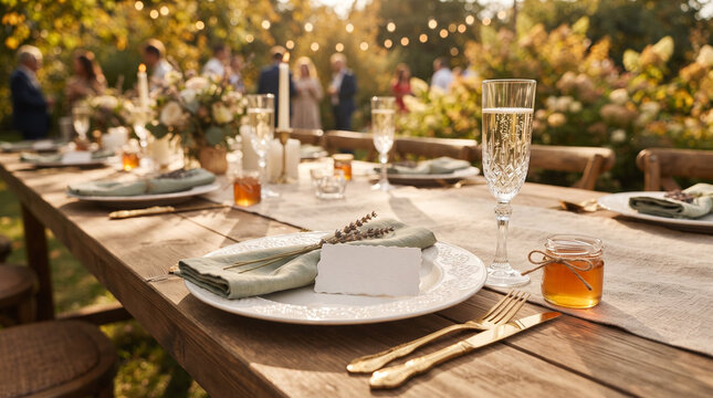 Elegant outdoor wedding table setting with blank place card, champagne flute, and gold cutlery in late summer garden setting